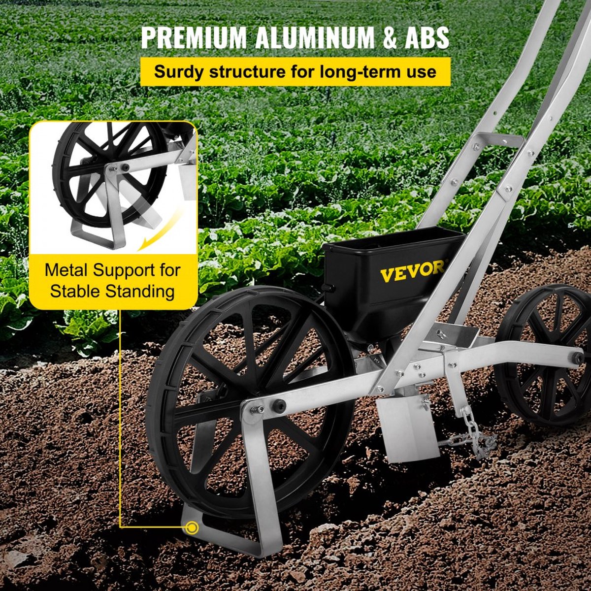 Garden Push Seeder 78-84cm High Garden Push Seeder Aluminum and ABS Row Crop Planter with Six Interchangeable Seed Plates and Row Marker for Sowing Various Crops and Vegetables