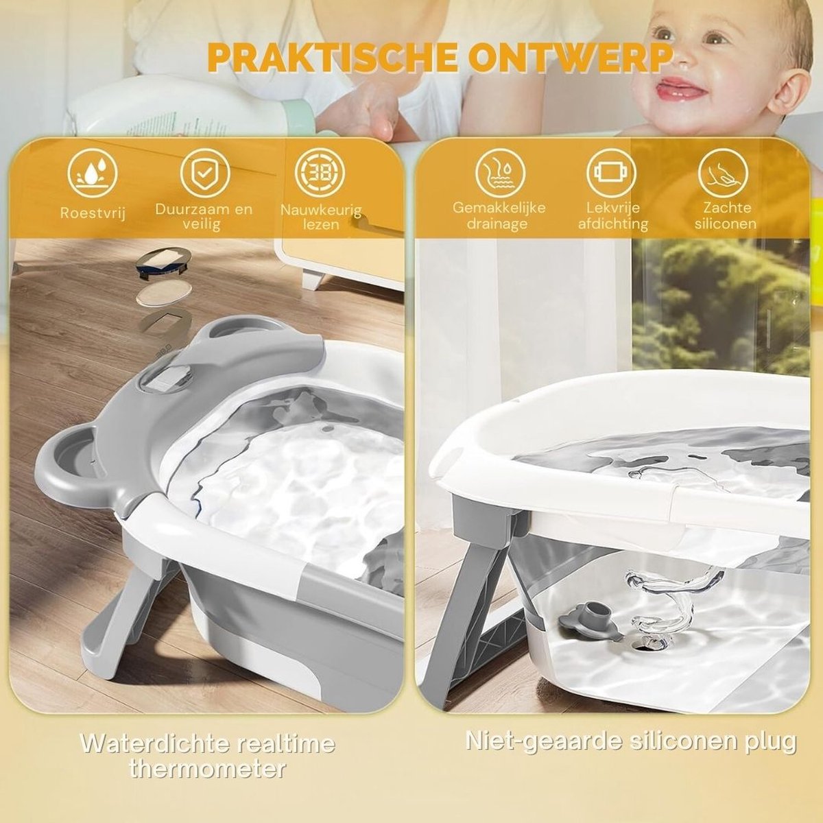 Baby Badje Met Standaard - Babybadje - Inklapbaar Bad - Bad Baby Met Kussen - Zitbad - Opvouwbaar Bad Kinderen - Babybadje met Afvoergat en Antislip Poten - Bath Bucket - Opvouwbaar Babybadje - Babybadset