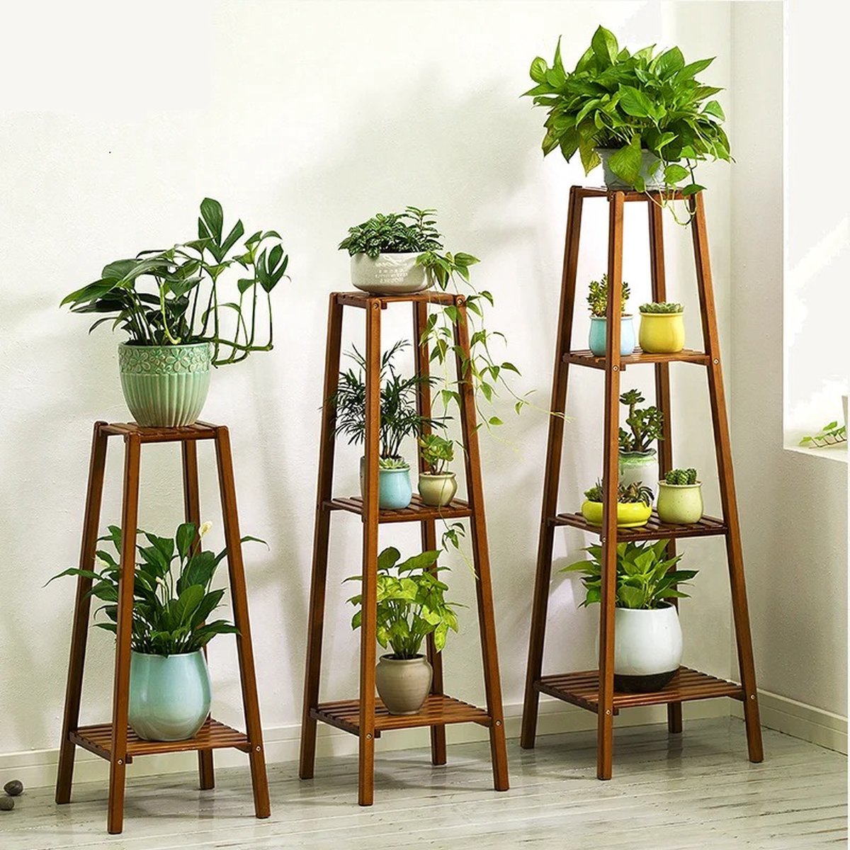 Rakmishop - Plantenstandaard - 4 Laags - Planten display - Plantstandaard bamboe - Plantenrek - Voor binnen en buiten - Model Groot
