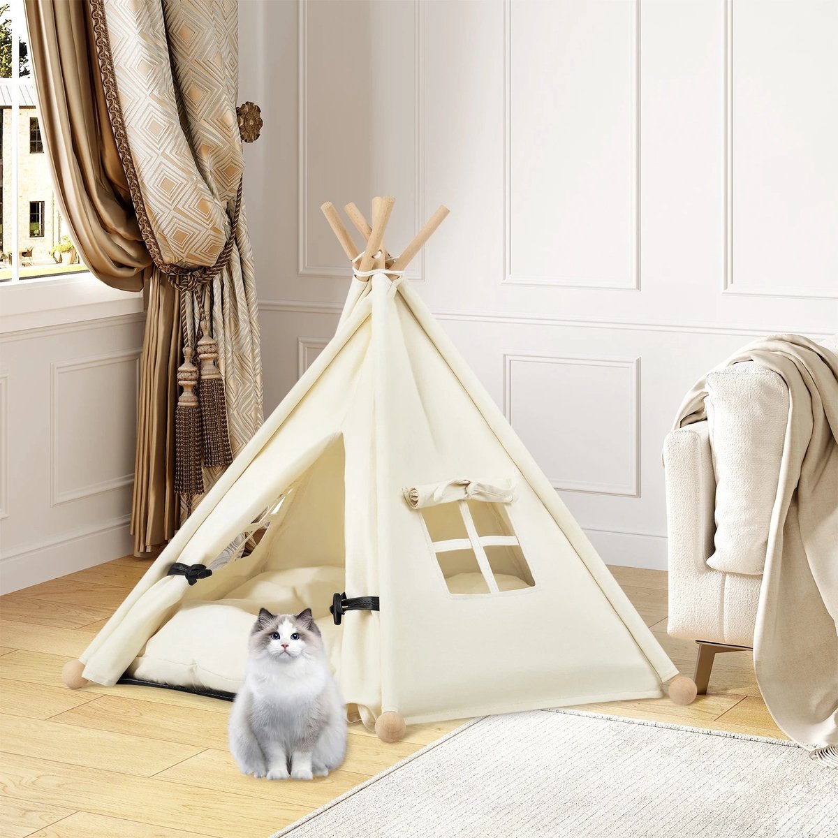 Bealive® Hondenmand - Binnenkennel - Dierenhuis - Tipi bed met raam voor huisdieren - Met zacht, afneembaar kussen -