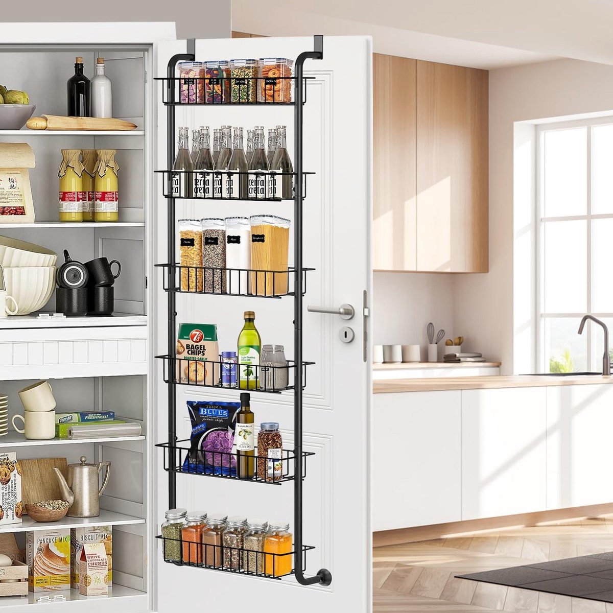 6-Tier Over-the-Door Pantry Organizer Rack - Strong Metal - Hanging Spice Rack - Wall Mount Storage - Kitchen Dining Bathroom Bedroom - Black Hanging Spice Rack