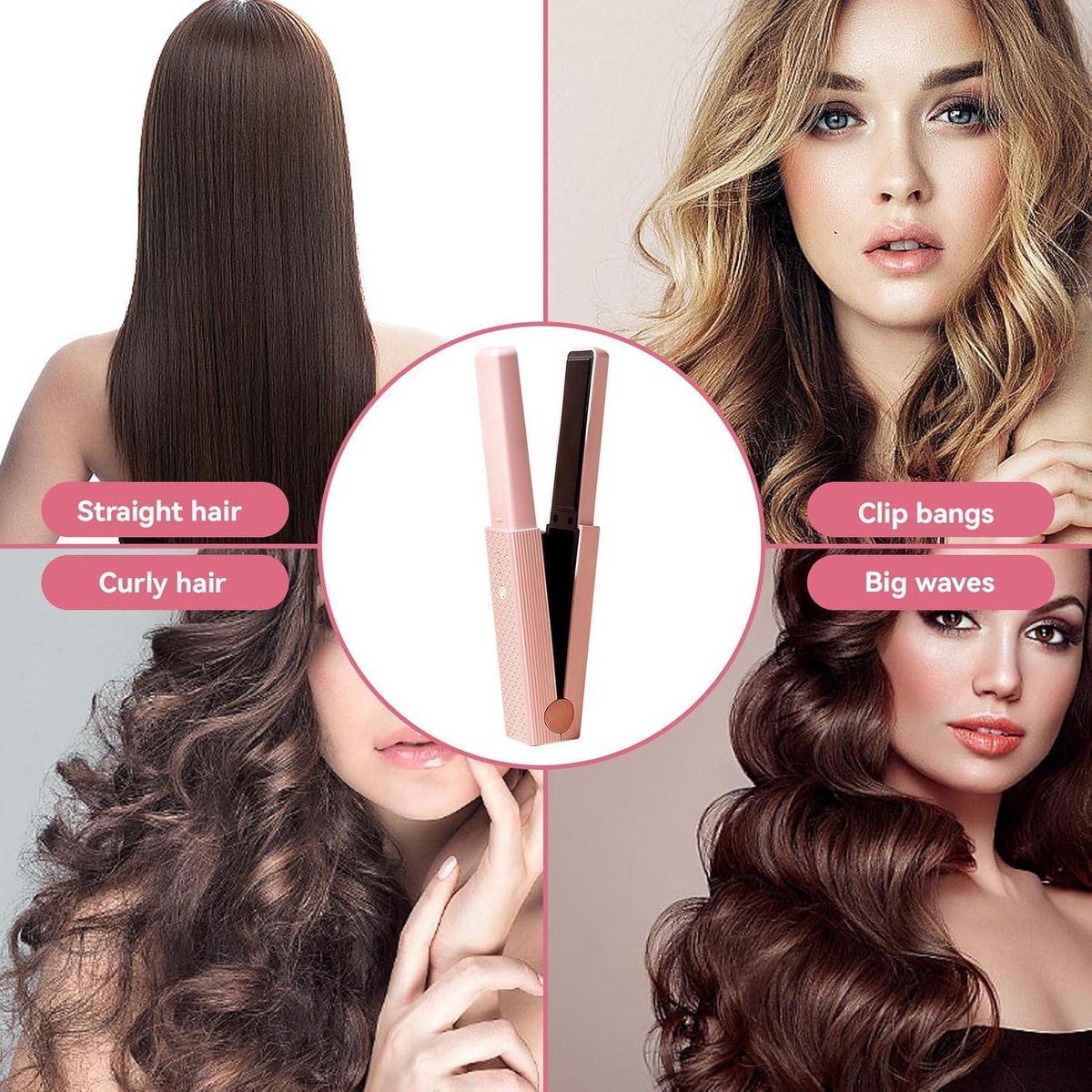 Cordless Hair Straightener Fast Heating - Rollers Hair Curlers Hair Curling Iron - Hot Tools For Girls Women (Pink)