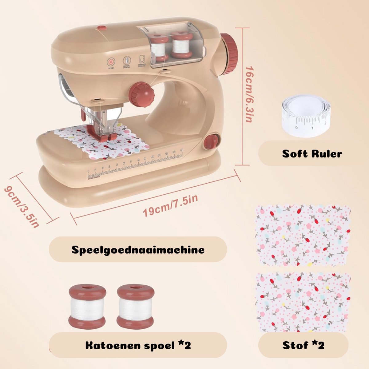 Kindernaaimachine - Naaimachine - Met Voetpedaal - 12,7 x 2,5 x 10,2 CM - Beige