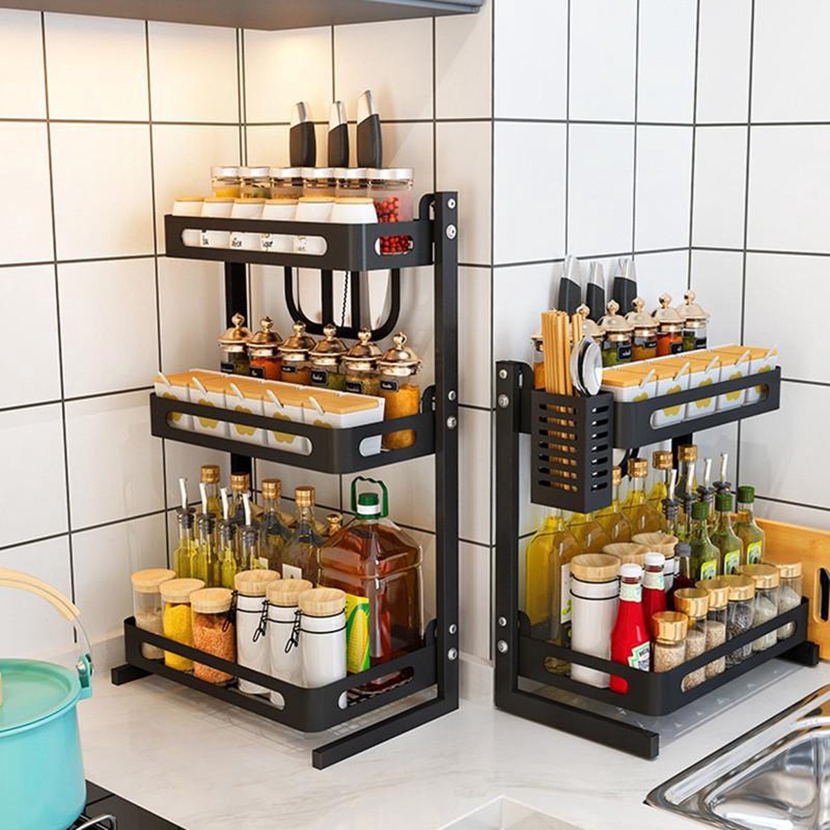 TDR - Multifunctioneel Staand Keukenrek, kruidenrek, of multifunctionele organizer - 2 laags - Zwart
