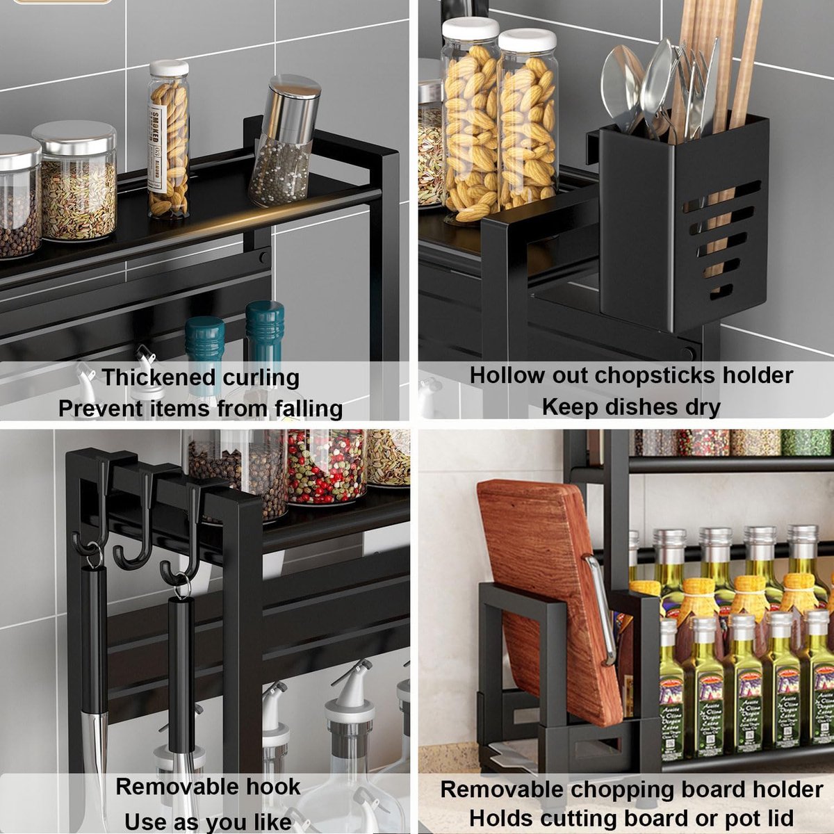 Keukenrek kruidenrek staand 3-laags, grote capaciteit kruidenpotten, keukenrek, kruidenrekken metaal voor keuken aanrecht organizer met 6 haken, voor aanrecht, werkblad, kast, zwart