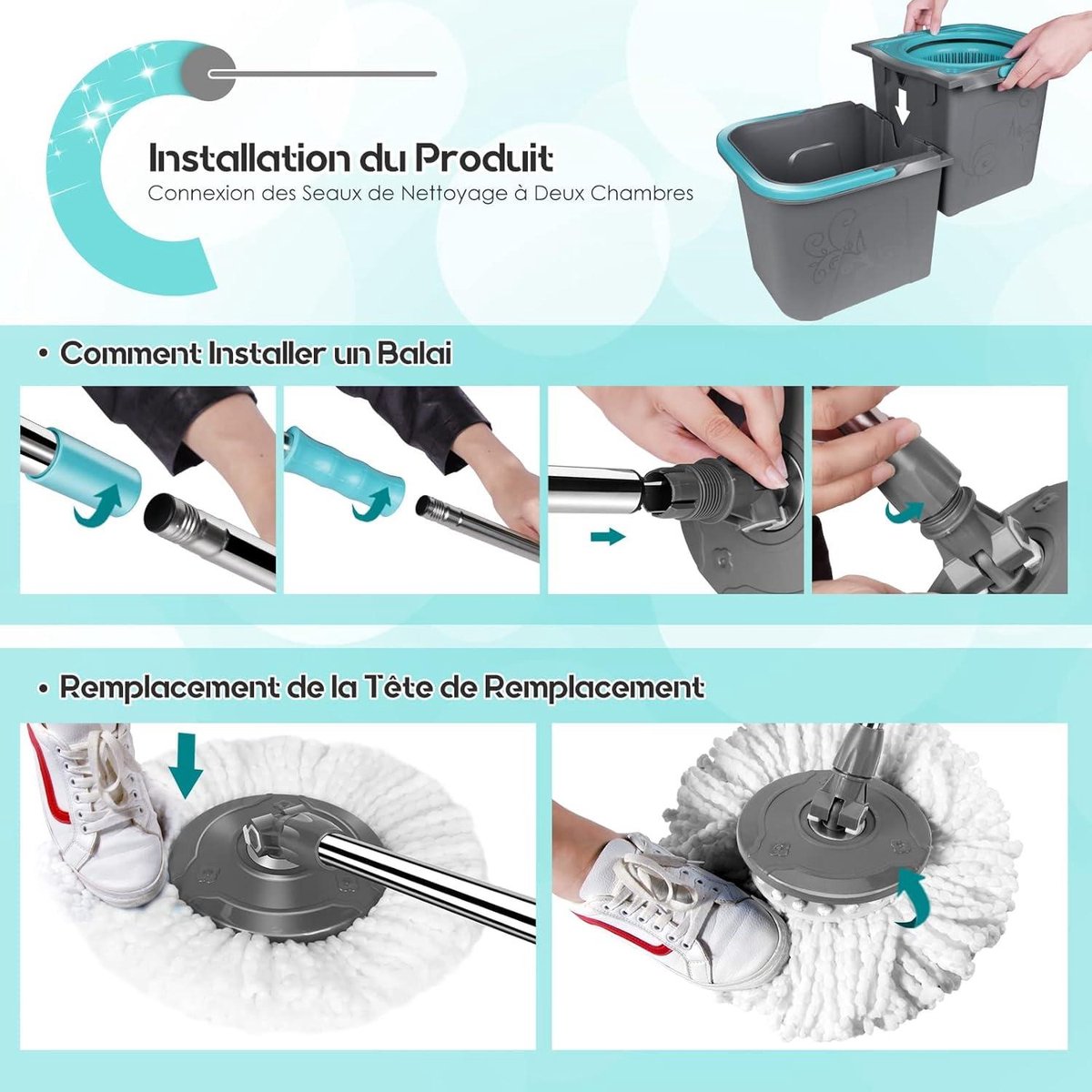 Mop Set - Detachable Two-Compartment Bucket - Foot Pedal Design - Stainless Steel Handle - 6 Mop Heads - Floor Cleaning