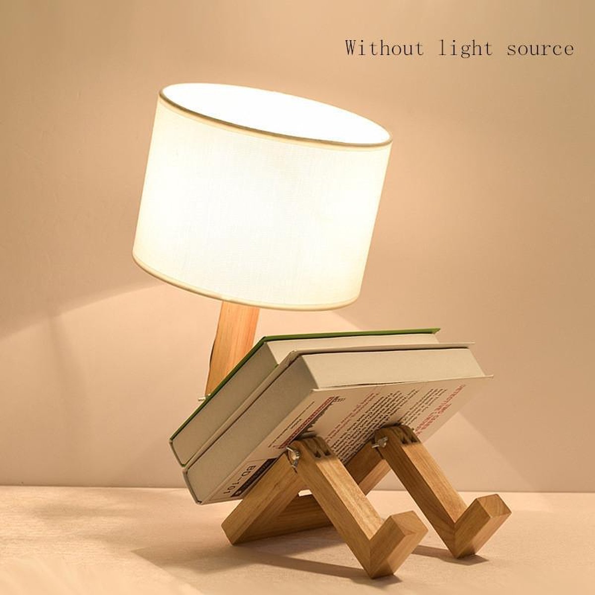 TDR - LED-bureaulamp met boekenhouder - Scandinavisch design - Witte stoffen kap - Houten mannetje met verstelbare gewrichten - Exclusief lichtbron