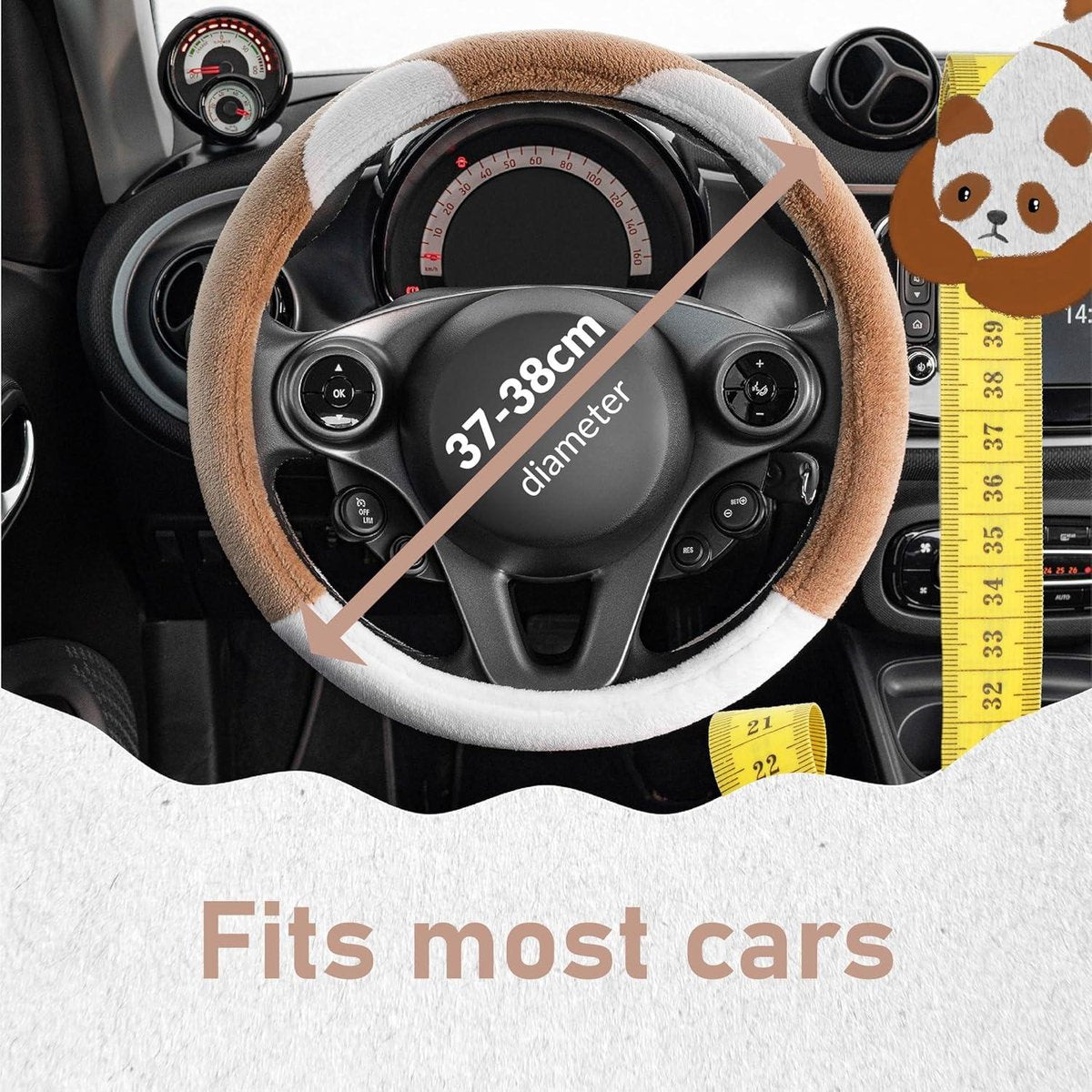Steering Wheel Cover Plush Brown White - Teddy Interior Accessories for Women - Universal 37-39 cm / 145-15 Inch Steering Wheel Cover Leopard