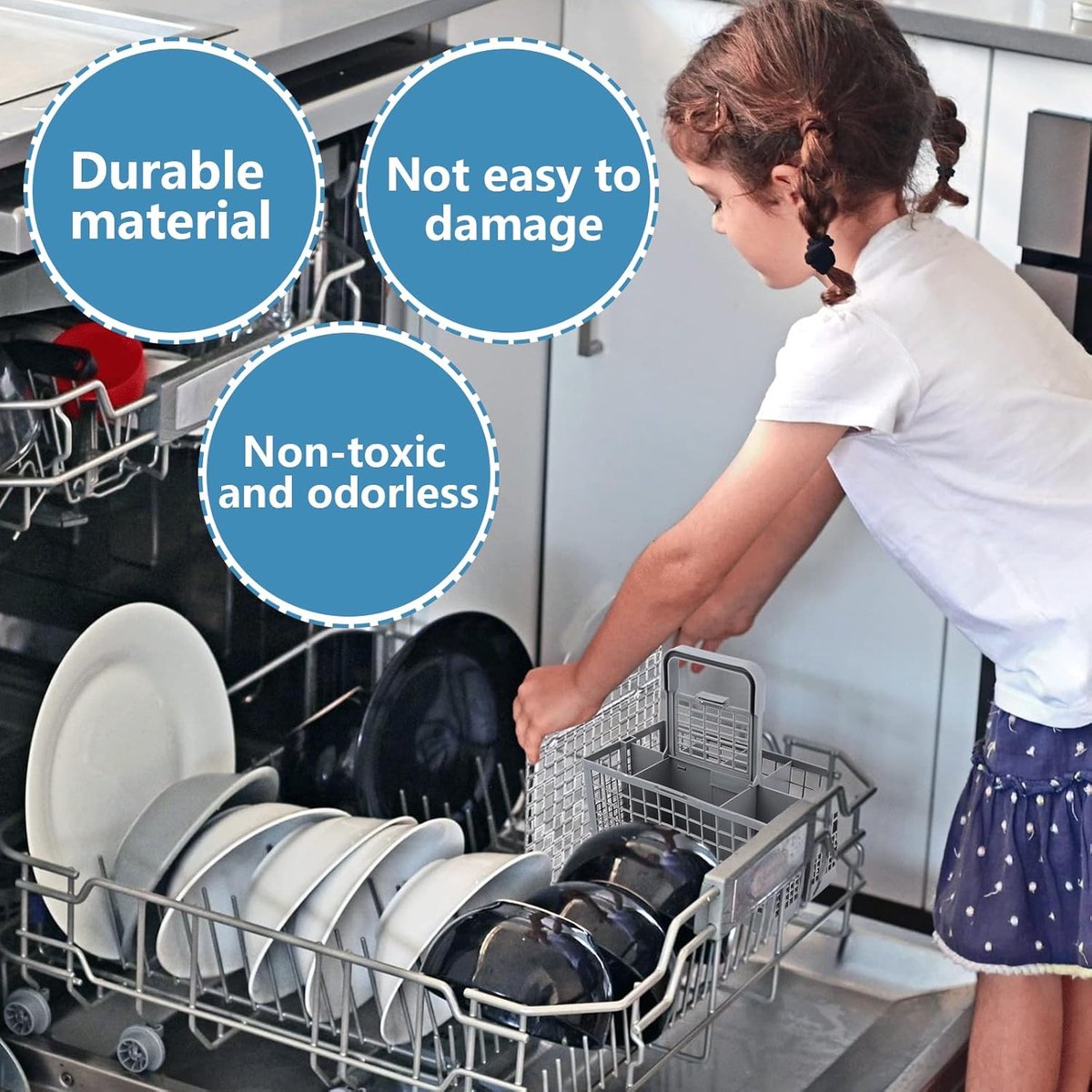 Vaatwasmachinebestekmand, bestekmand voor vaatwasser, bestekmand, stabiele bodem, universeel passend, premium afwasmand met draaggreep voor vele vaatwassers, afneembare handgreep, kunststof, grijs, 24 x 14