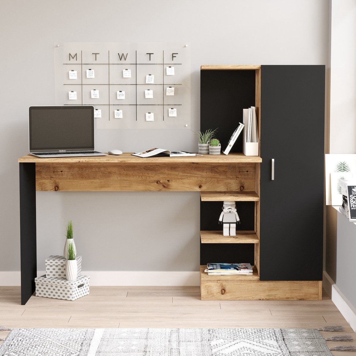 Stylish Desk with Cabinet - Black & Oak Design - 152.3x120x40cm - Durable Melamine Material