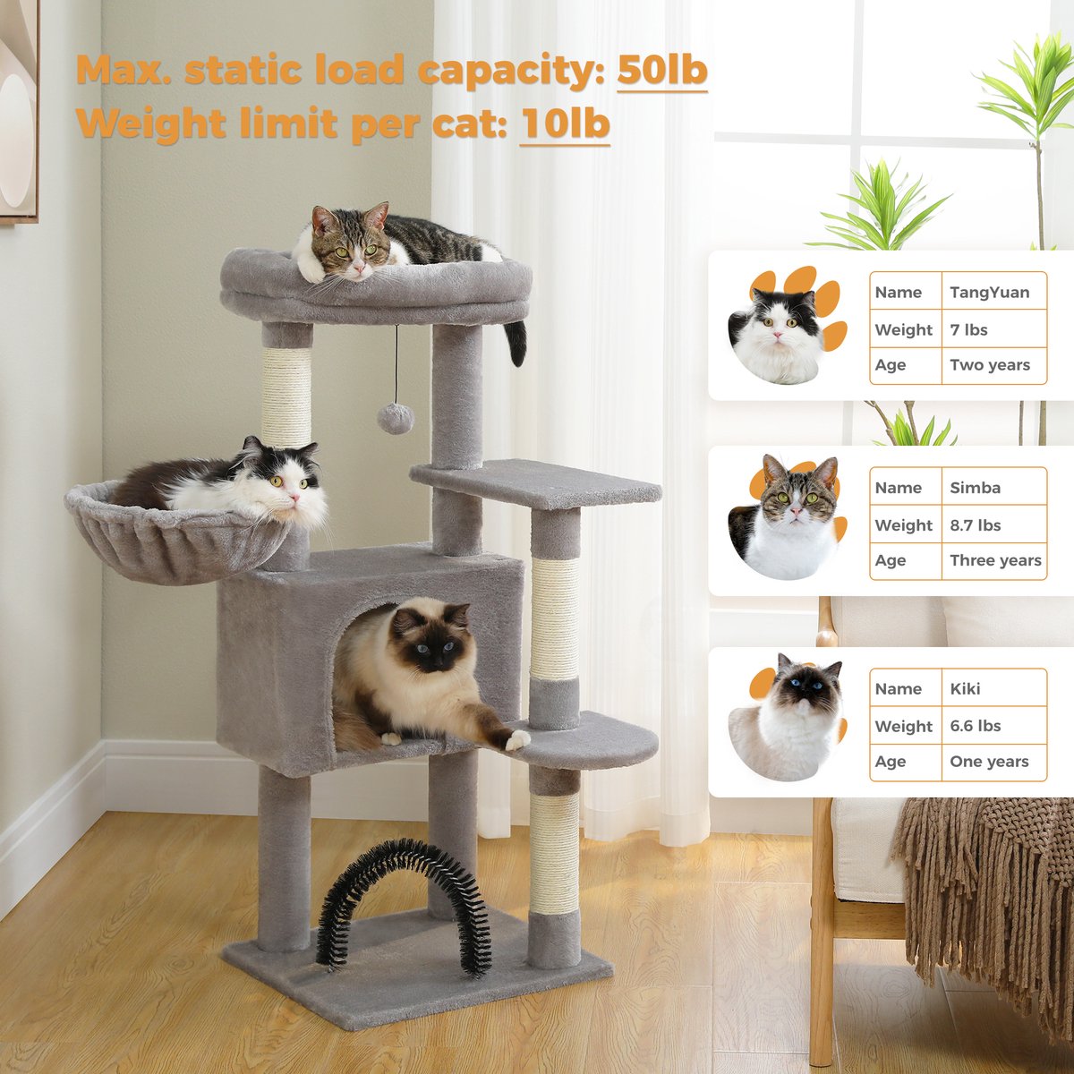 Nique Luxe Krabpaal - Kattenboom met hangmat - 5 ligplekken - 106cm hoog - Lichtgrijs