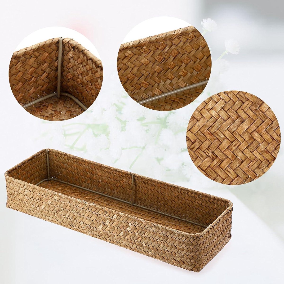 Woven Water Hyacinth Storage Basket - Natural Basket for Bathroom - Seagrass Wicker Basket - 42 x 14 x 7 cm Wicker Basket