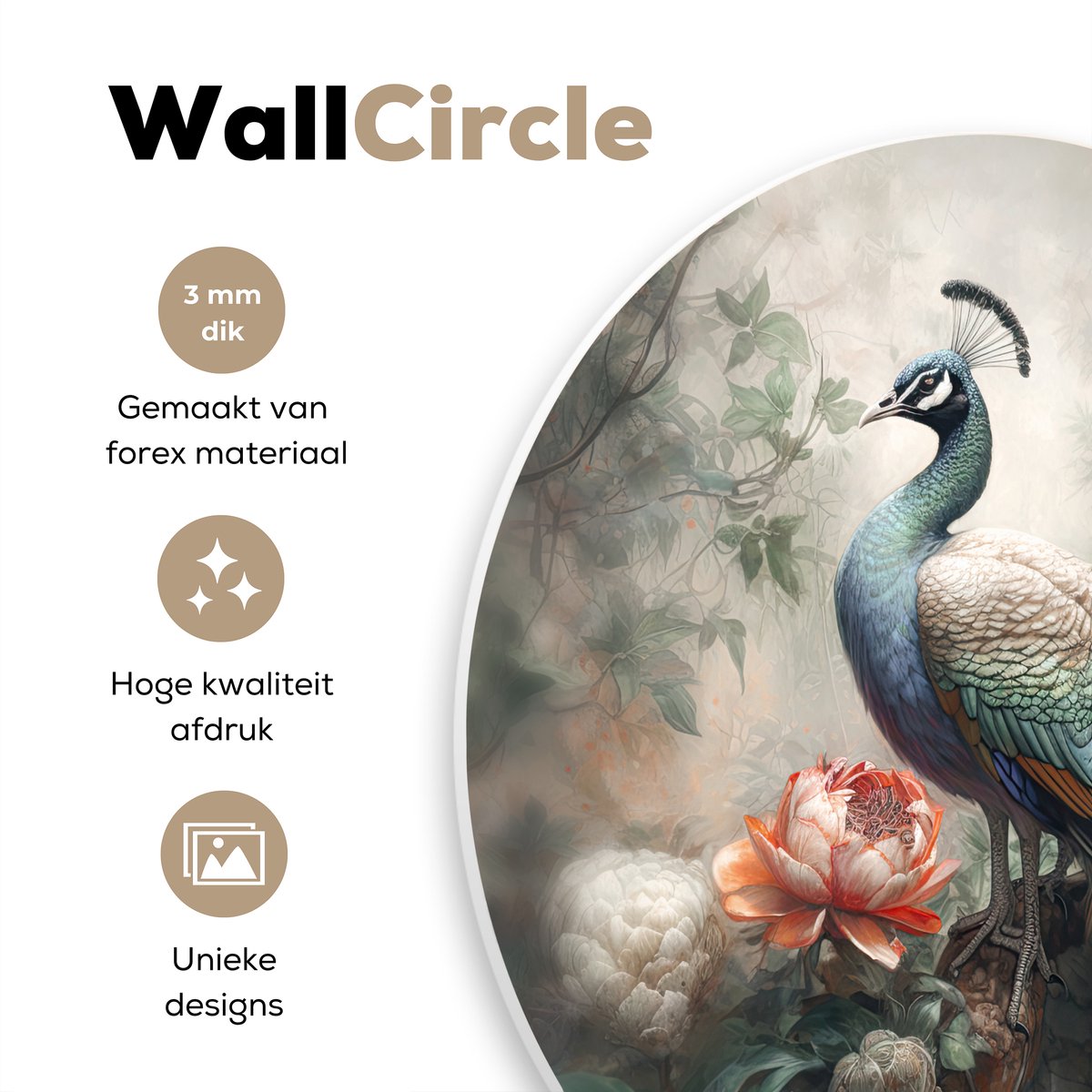 WallCircle® Wandcirkel 60x60 cm - Muurcirkel Pauw - Pauwenveren - Vogel - Bos - Jungle - Bloemen - Muurdecoratie woonkamer - Wanddecoratie slaapkamer - Kamer decoratie accessoires - Ronde schilderijen - Woonaccessoires cirkel binnen