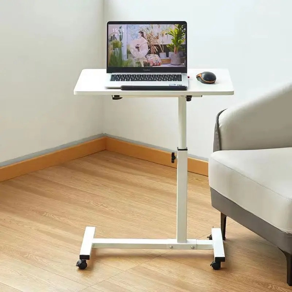 Bedside table - Bedside table with wheels - Laptop Table - Laptop Stand - Laptop Desk - Mobile - Height Adjustable - For Working from Home - White