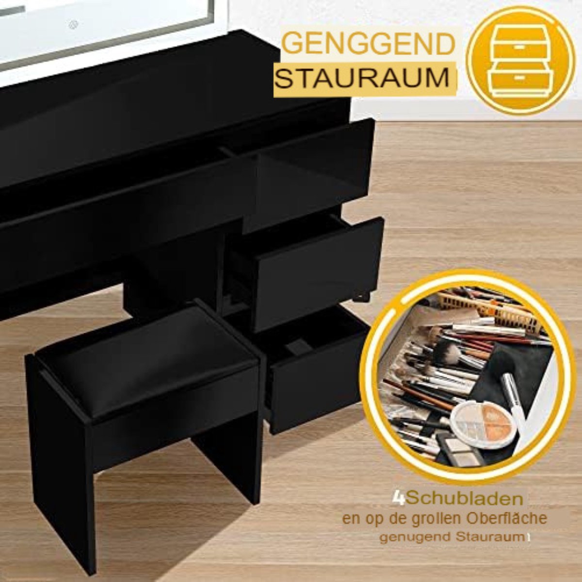 Dressing table with mirror and lighting - 90 x 140 cm - Standard black