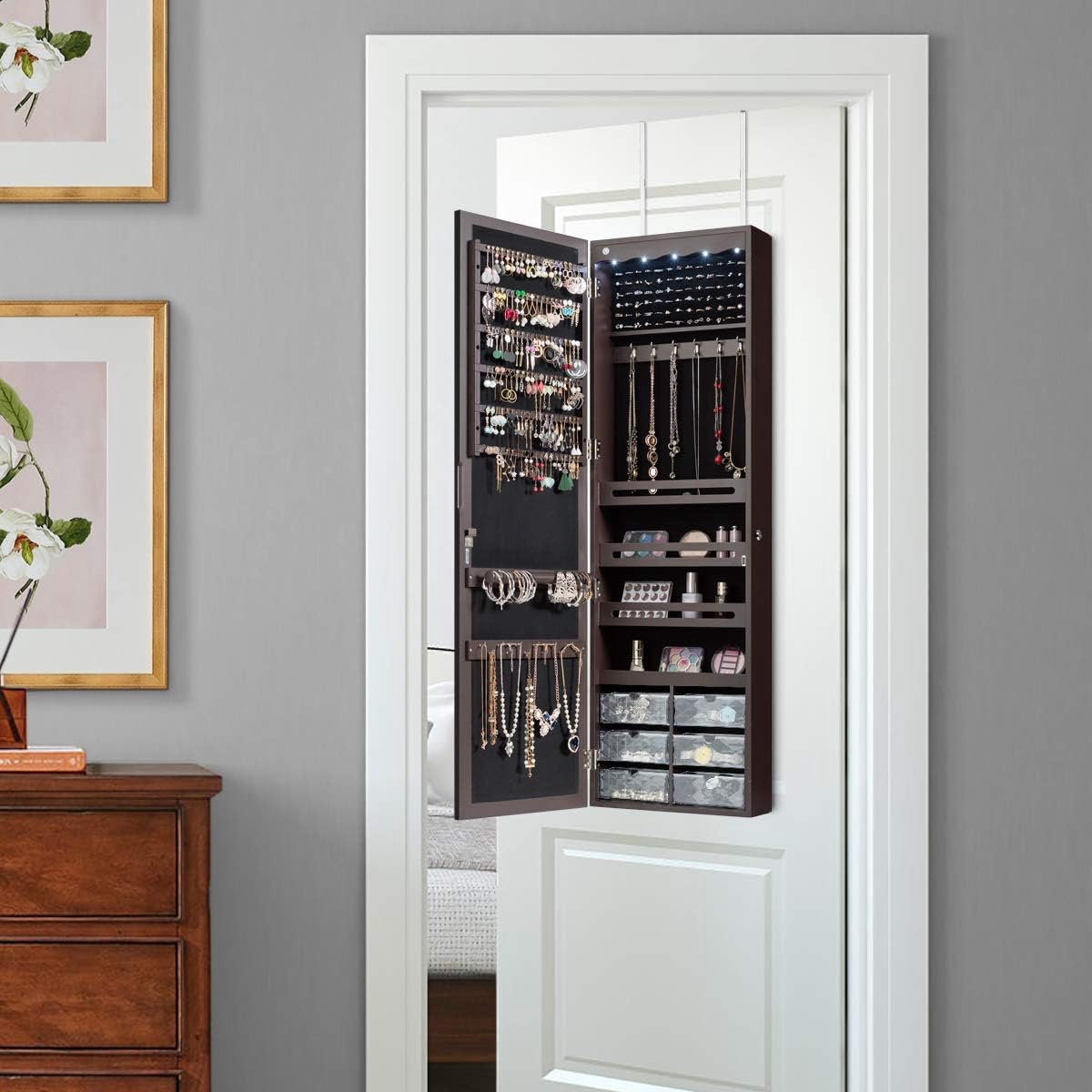 Jewelry Cabinet with 5 LED Lights, Lockable Wall/Door Mounted Jewelry Armoire with Large Mirror and 6 Acrylic Drawers, Large Capacity Jewelry Organizer for Girls, Women (Brown)