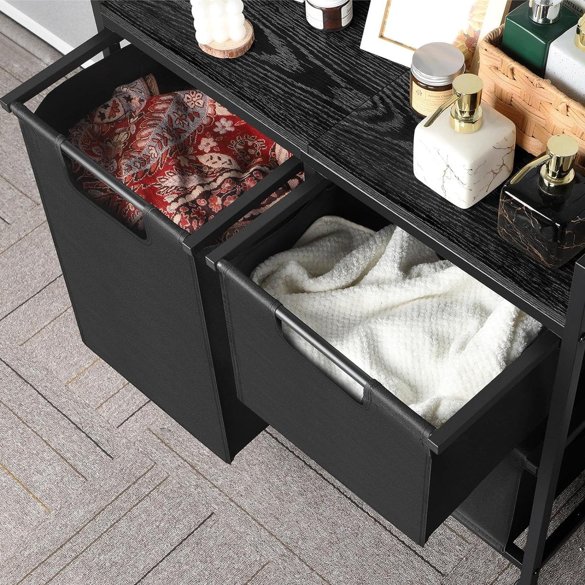 Laundry Hamper with 3 Sections and Shelf, Rustic Oxford Fabric Laundry Bag, Pull Out and Removable Clothes Sorting, Laundry Baskets with Wooden Board and Wheels, Black