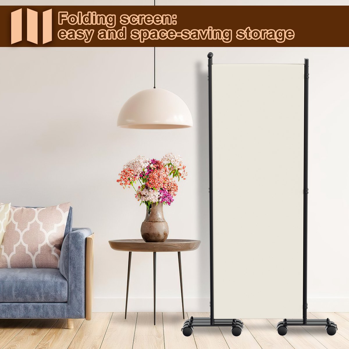 Room divider on wheels with 1 panel - 187 x 181 cm - Room divider Garden Spanish Wall Divider Beige