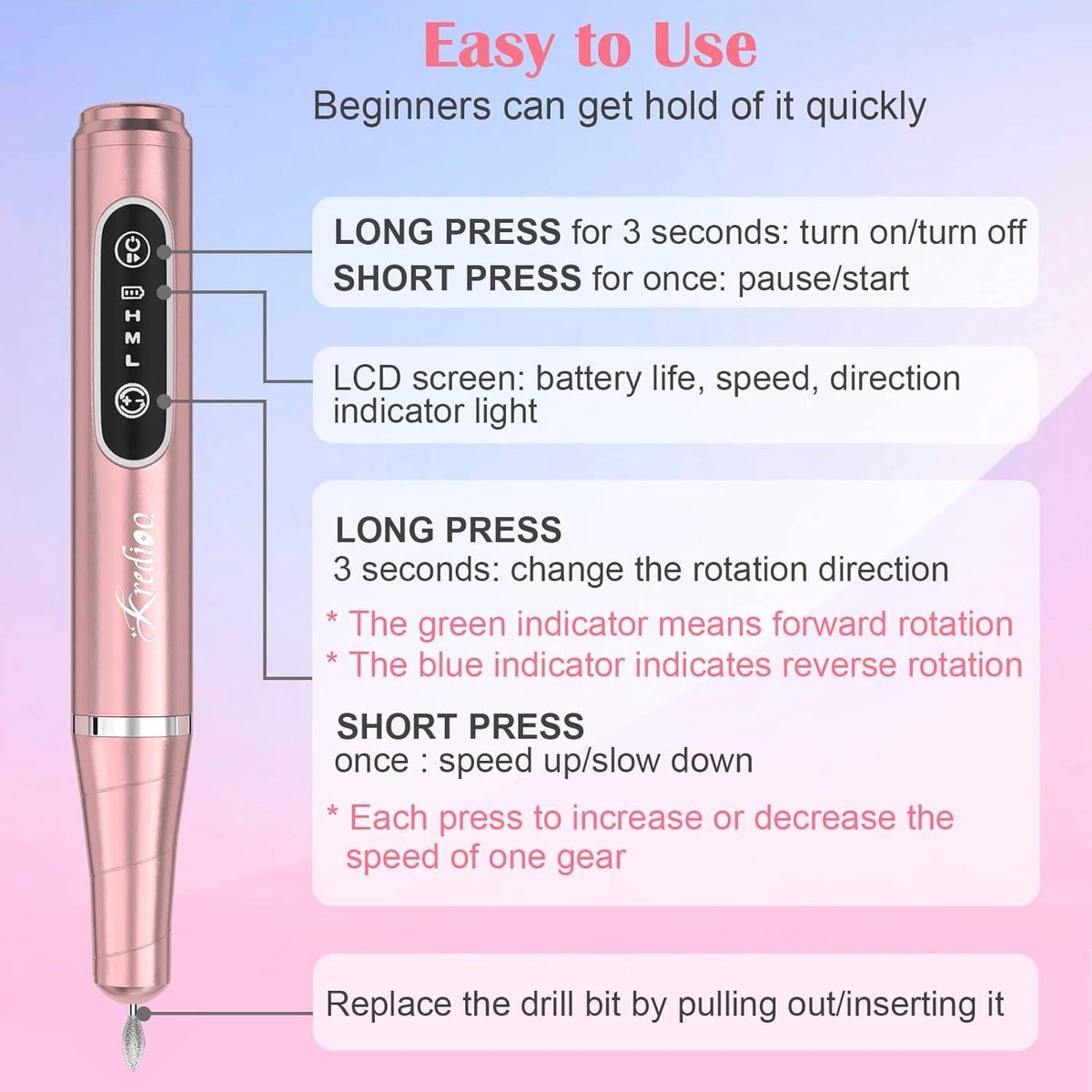 Kredioo Nagelfrees Draadloos Oplaadbaar Elektrische Nagelfrees 20000rpm 10 Bit Pedicureset voor Nagelsriemen Shellac Acryl Gel Beginners