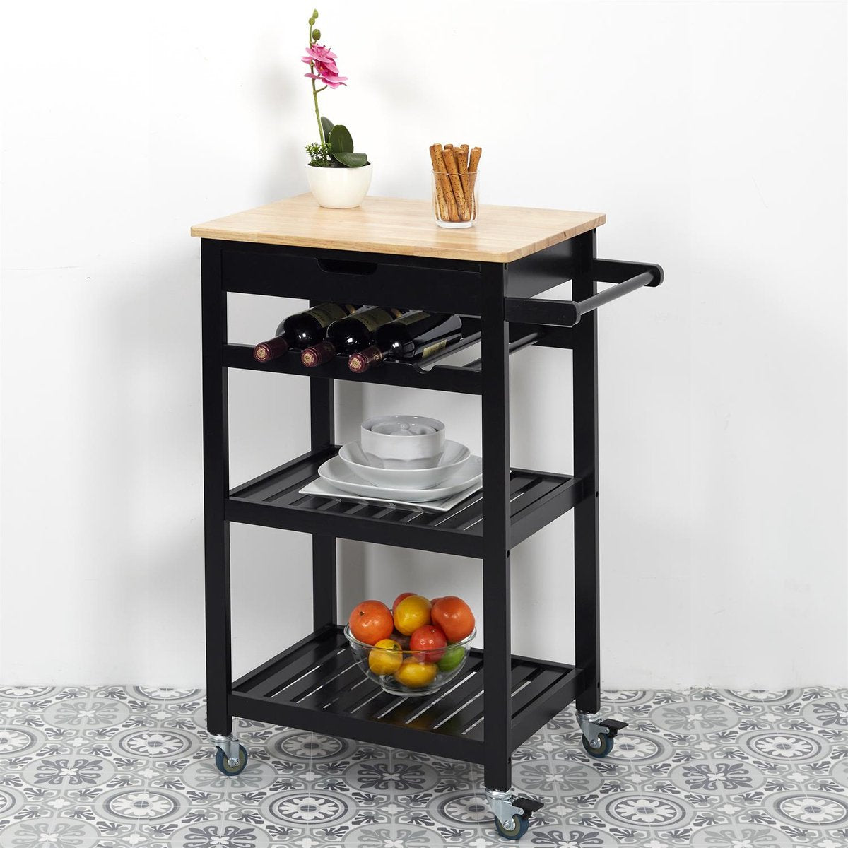 Kitchen trolley with 1 drawer on wheels 40x61x85 cm - Black