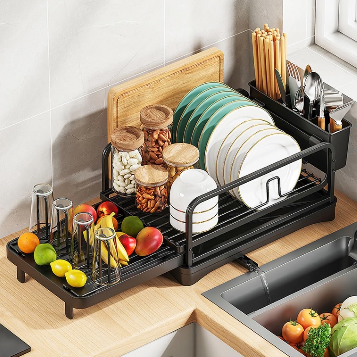 Stainless Steel Kitchen Organizer with Extendable Drying Rack and and Cutlery Holder