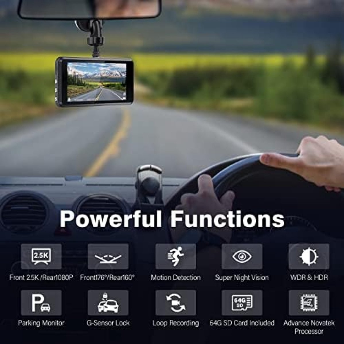 2.5K Dashcam voor in de auto, voor en achter, 64G SD-kaart, 1600P + 1080p FHD Dual Dashcam, 3,2 inch IPS-scherm, autocamera, 176° + 160° groothoek, G-sensor, nachtzicht, WDR