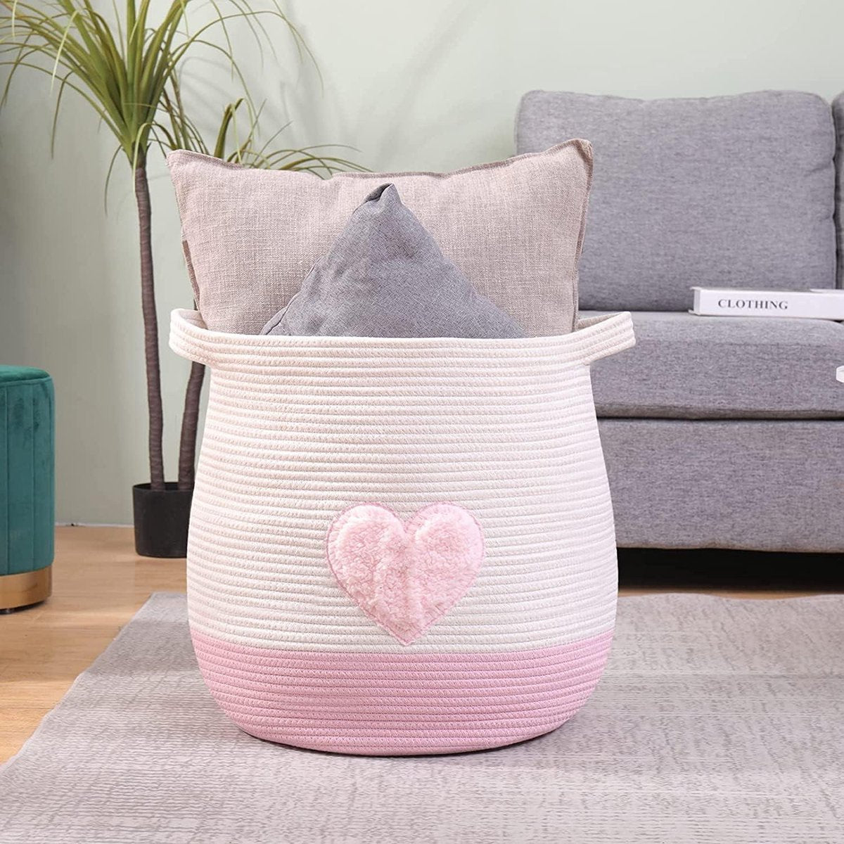 Large Cotton Rope Woven Storage Basket - Toy Organizer - Laundry and Blankets - Round Gift Basket - Nursery - 45 x 43 cm - Patented Product - Pink Wicker Basket