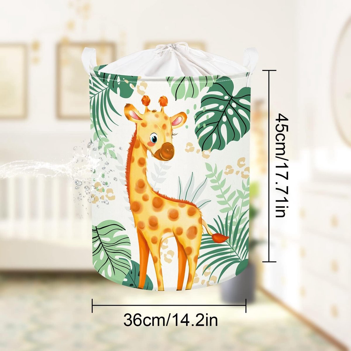 45L Leuke Groene Wasmand Baby met Giraffe, Vogels - Bosdieren Bladeren Ronde Wasmand Opvouwbaar - Perfecte Opbergmand voor de Kinderkamer om Speelgoed op te Bergen 36 x 45 cm