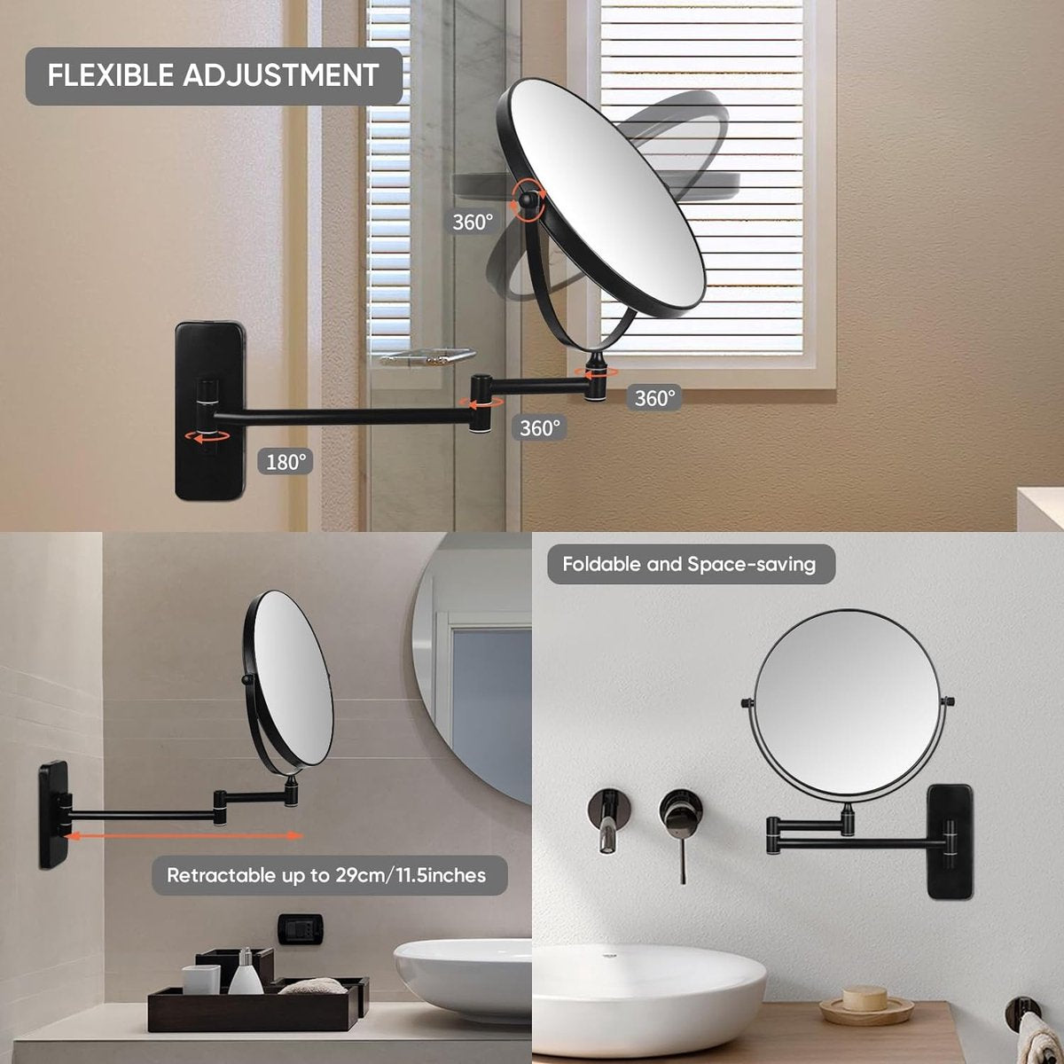 Wandmake-upspiegel met vergroting, 5x vergrotingsspiegel voor badkamer, zwart, 360 graden draaibaar, dubbelzijdige spiegel, uittrekbaar, scheerspiegel, wandmontage, diameter 20 cm