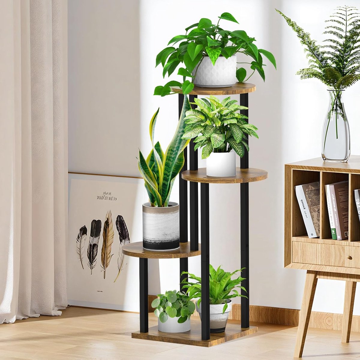 4-laags houten bloemenplank, metalen plantenplank, meerlaagse bloemenstandaard, plantenstandaard, bloemenbank, bloementrap, plantentrap, standaardplank voor binnen, buiten, tuin, balkondecoratie (rond zwart)