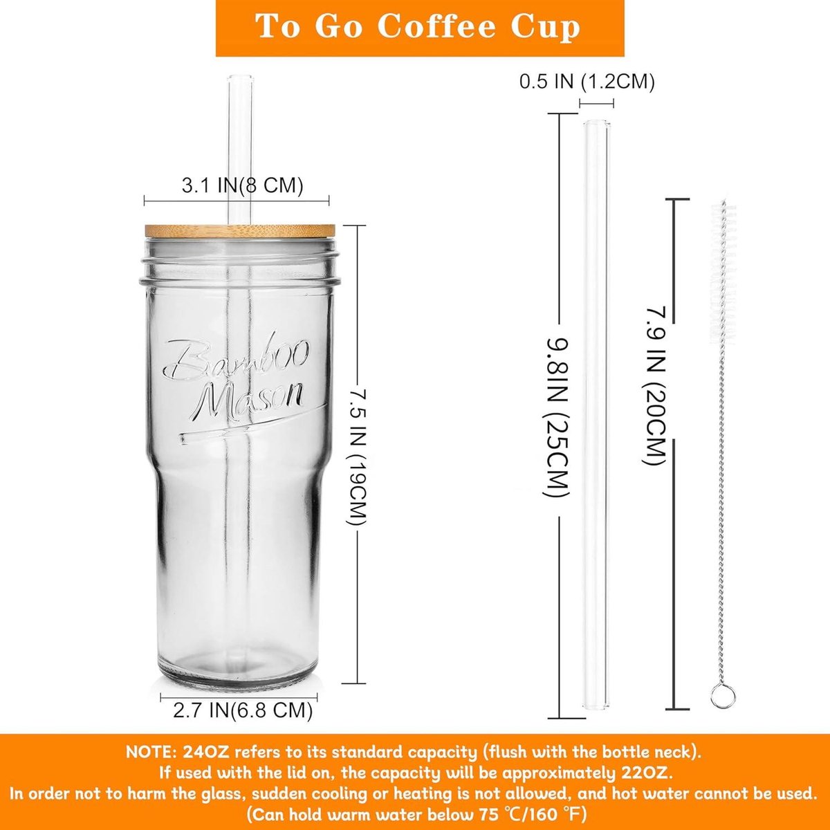 Glass Cups with Lids and Straws - Set of 4 - 680 ml - Travel Coffee Mug - Wide Mouth - Mason Jar - Iced Coffee Cup - Smoothie Cup - Glass Tumbler - Tea Cup - Clear - Cute Water Cups - Drinking Jars - Glasses