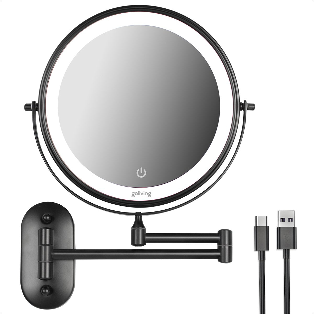 Goliving Make-up Mirror with Lighting - Ø25 cm - 10x Magnification - Dimmable Make-up Mirror - Shaving Mirror - LED Lighting - USB-C Rechargeable - Double-Sided - 27 x 27 cm - Black
