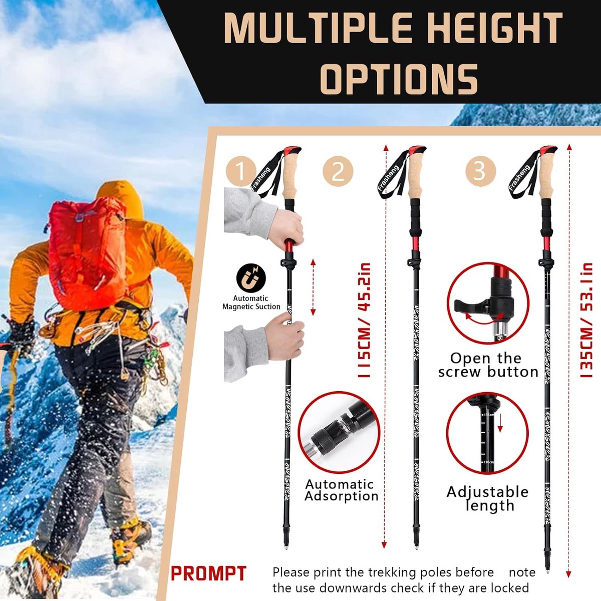 Vouwbare aluminium wandelstokken met kurken handvat, trekkingstokken, nordic walking stokken, telescopisch opvouwbare en verstelbare wandelstokken, met 4 paar rubberen doppen voor trekking, 135 cm.