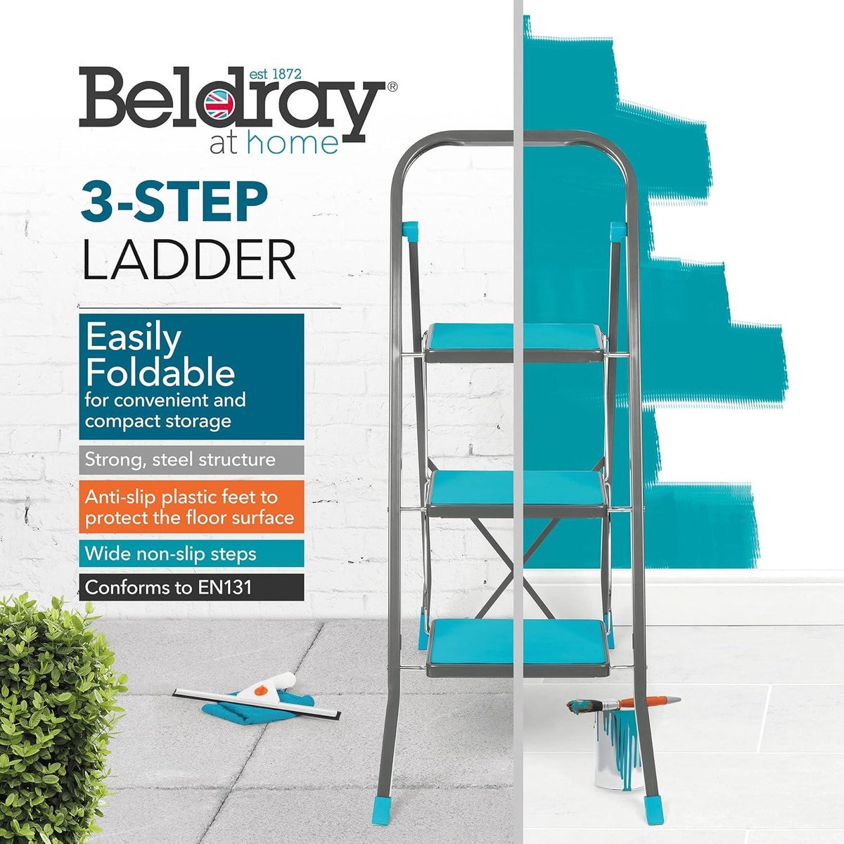 3-step ladder with anti-slip treads - durable and sturdy - for indoor and outdoor use - reach height of approx. 2.5 metres - safety clip - foldable - turquoise/grey ladder