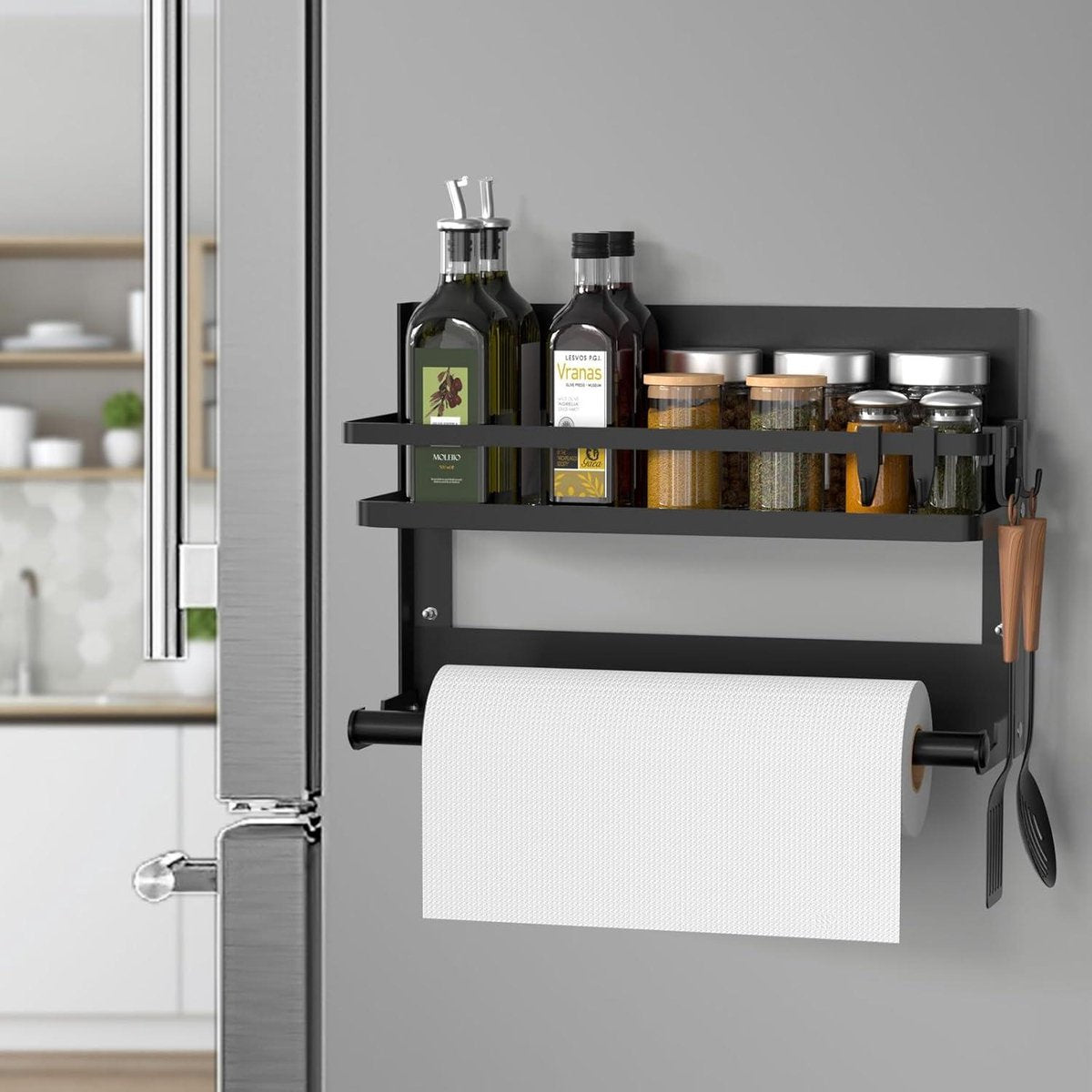 Spice rack - Hanging Kitchen Rack made of Stainless Steel - No Drilling - Black - 4 Hooks kitchen roll holder hanging