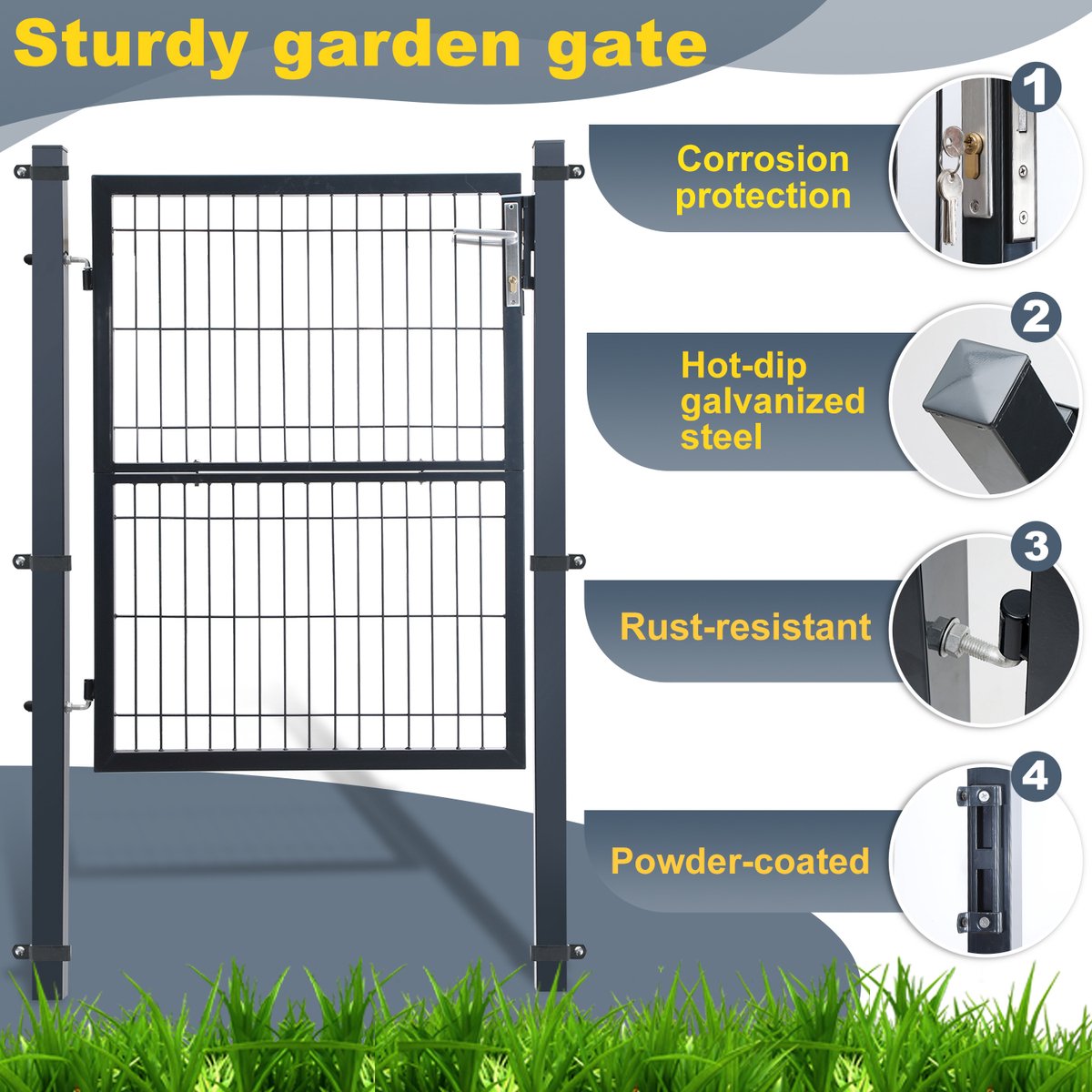 Garden Gate Gate Powder Coated Steel Garden Gate-Garden Door fence gate 100 × 100 cm farm gate made of galvanized steel with lock, doorknob and key, sturdy and durable-anthracite gray