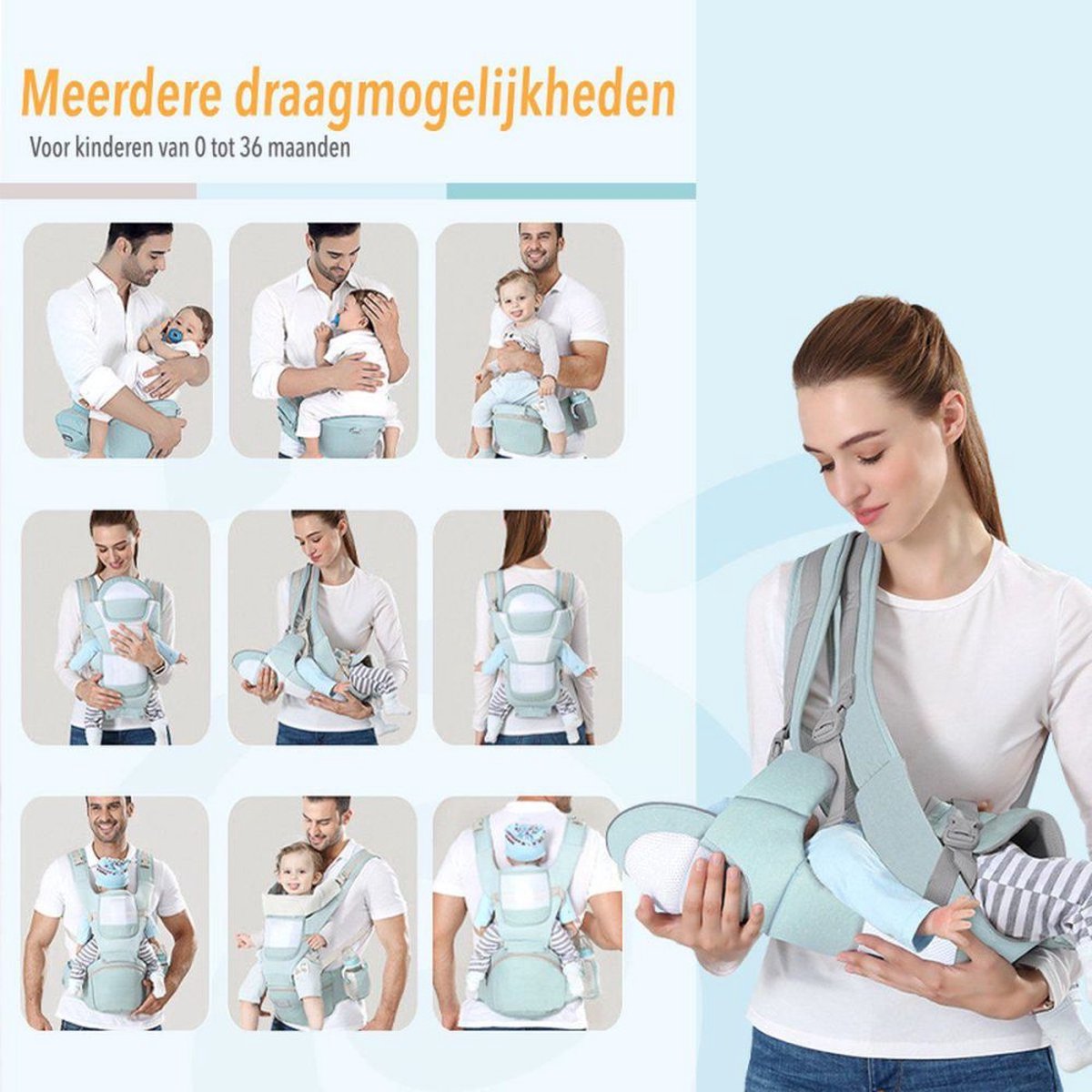 Draagzak, 6-in-1 draagzak, draagzak met heupzitje, lendensteun, ergonomische, verstelbare en afneembare draagzak voor winkelen, wandelen