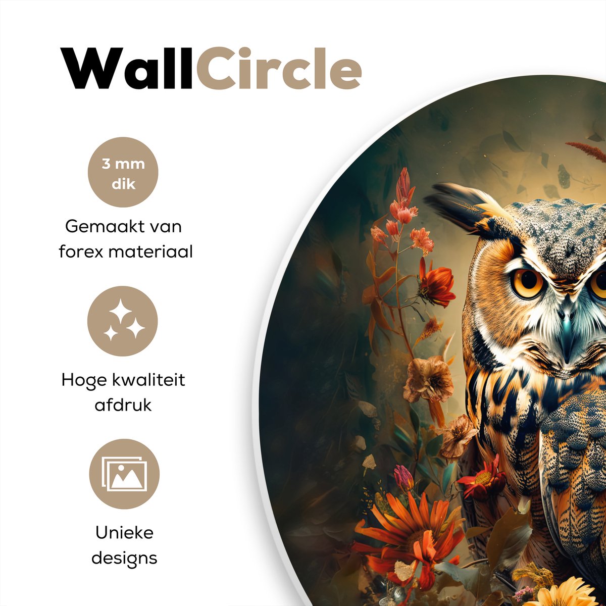 WallCircle® Muurcirkel 60x60 cm - Wandcirkel Uil - Vogel - Bloemen - Planten - Dieren - Botanisch - Muurdecoratie woonkamer - Wanddecoratie slaapkamer - Kamer decoratie accessoires - Ronde schilderijen - Woonaccessoires cirkel binnen