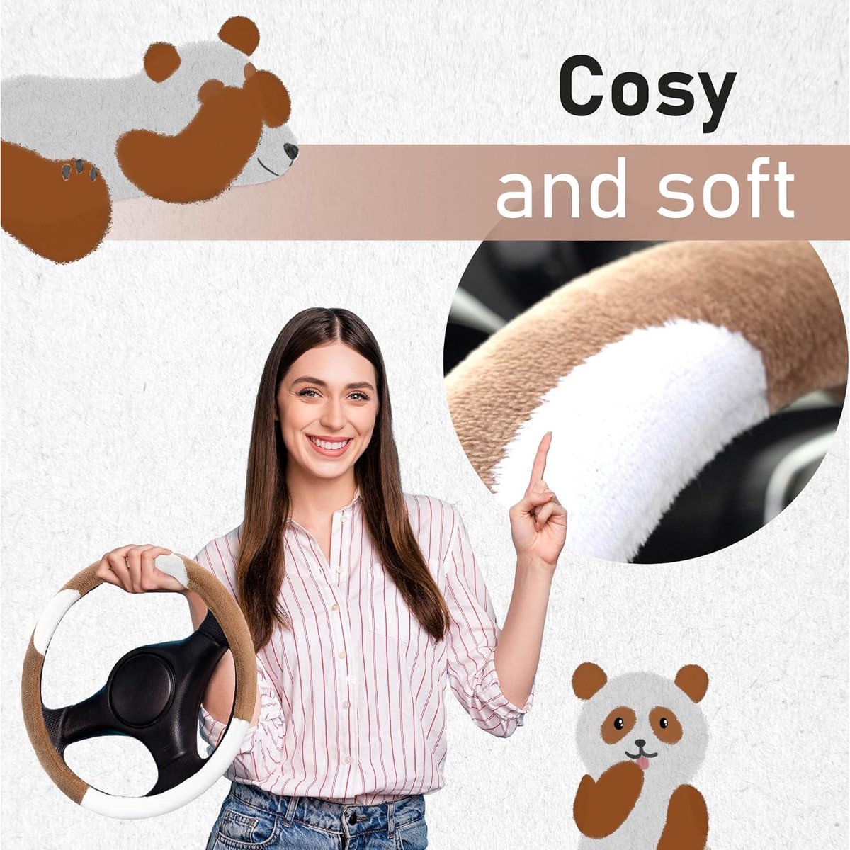 Steering Wheel Cover Plush Brown White - Teddy Interior Accessories for Women - Universal 37-39 cm / 145-15 Inch Steering Wheel Cover Leopard