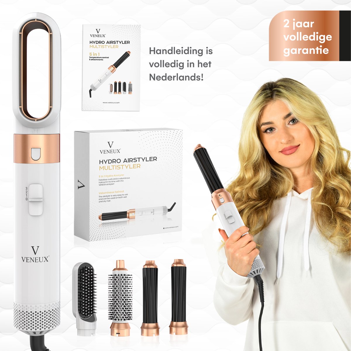 VENEUX® Föhnborstel - Airstyler - Krulborstel - Krultangen - 5 in 1 Multistyler - Wit