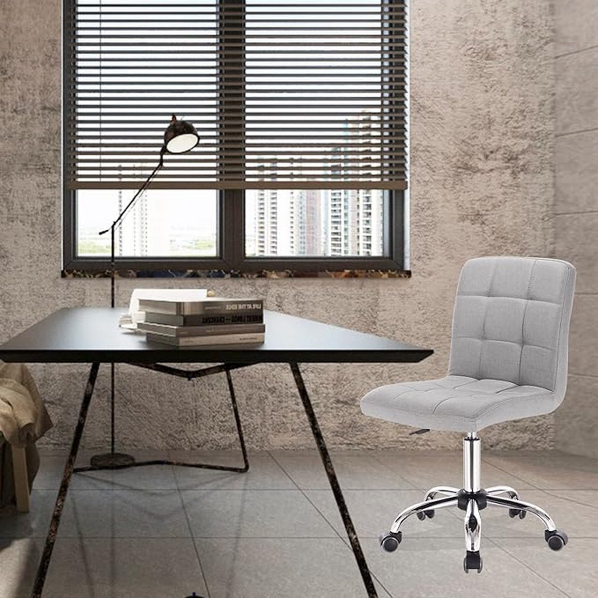 Swivel office chair with ergonomic design, height adjustable and 360-degree rotatable. Suitable for office, study, or bedroom. Linen upholstery in light gray.
