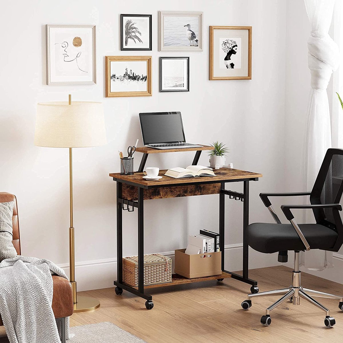 Desk, Computer Desk with Wheels, with Monitor Stand, 6 Hooks, 80 x 50 x 90 cm, Industrial Design, Vintage Brown-Black LWD085B01
