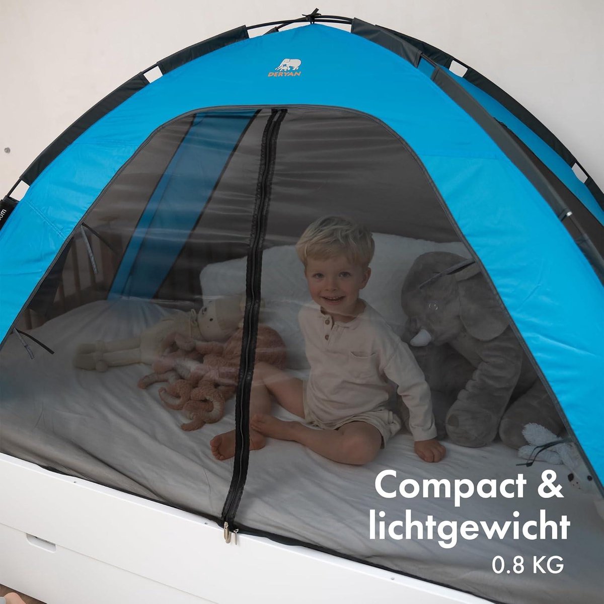 Deryan Bedtent - tweepersoons klamboe - muggentent voor bed - insectenbescherming - compact en lichtgewicht - 200 x 90 x 110 cm - reismuggennet - blauwe draagtas Klamboe