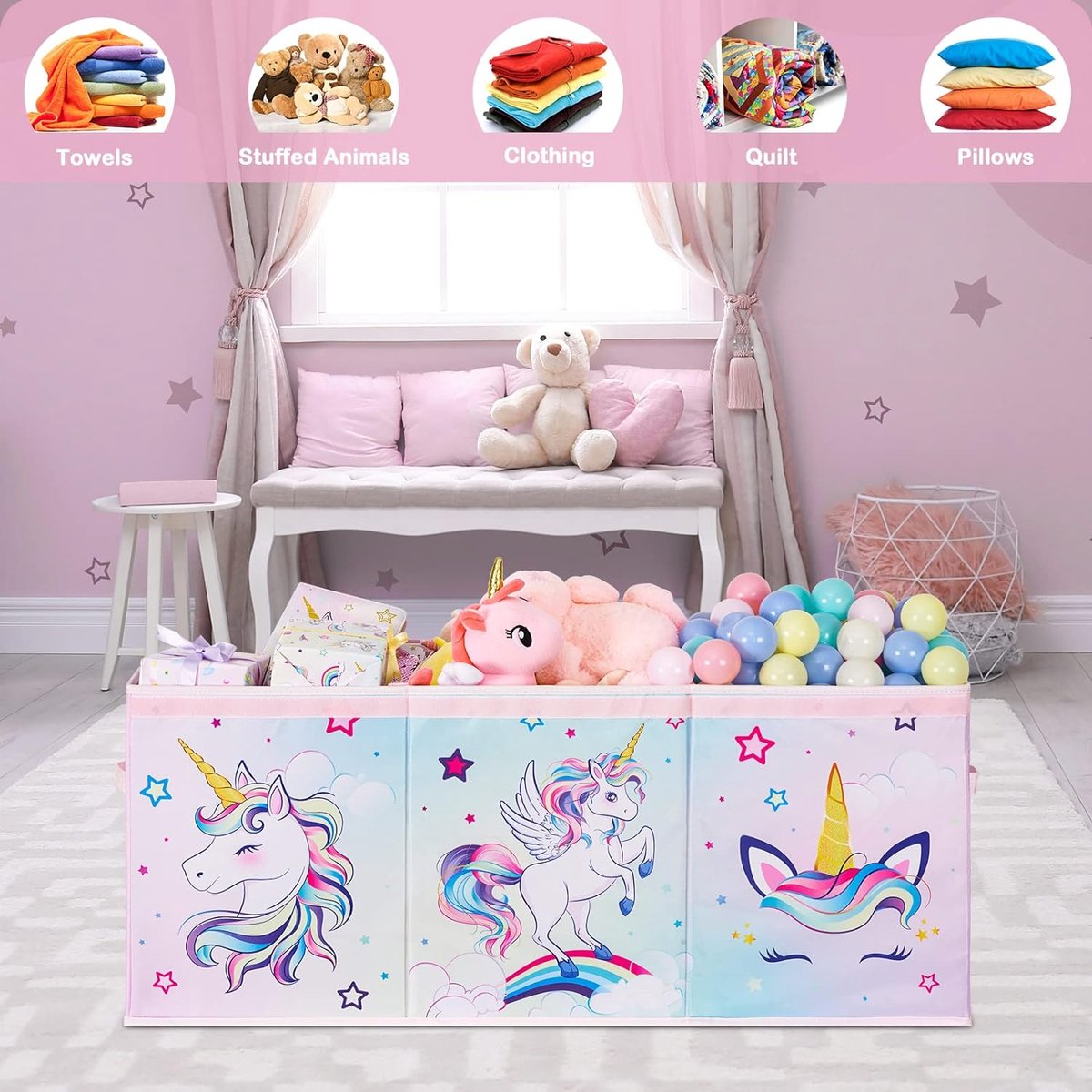 EN Unicorn toy box, large storage box with lid, for children, girls, toy box, foldable, robust, pink, 96 x 32 x 40 cm, wardrobe, children's room, nursery, bedroom