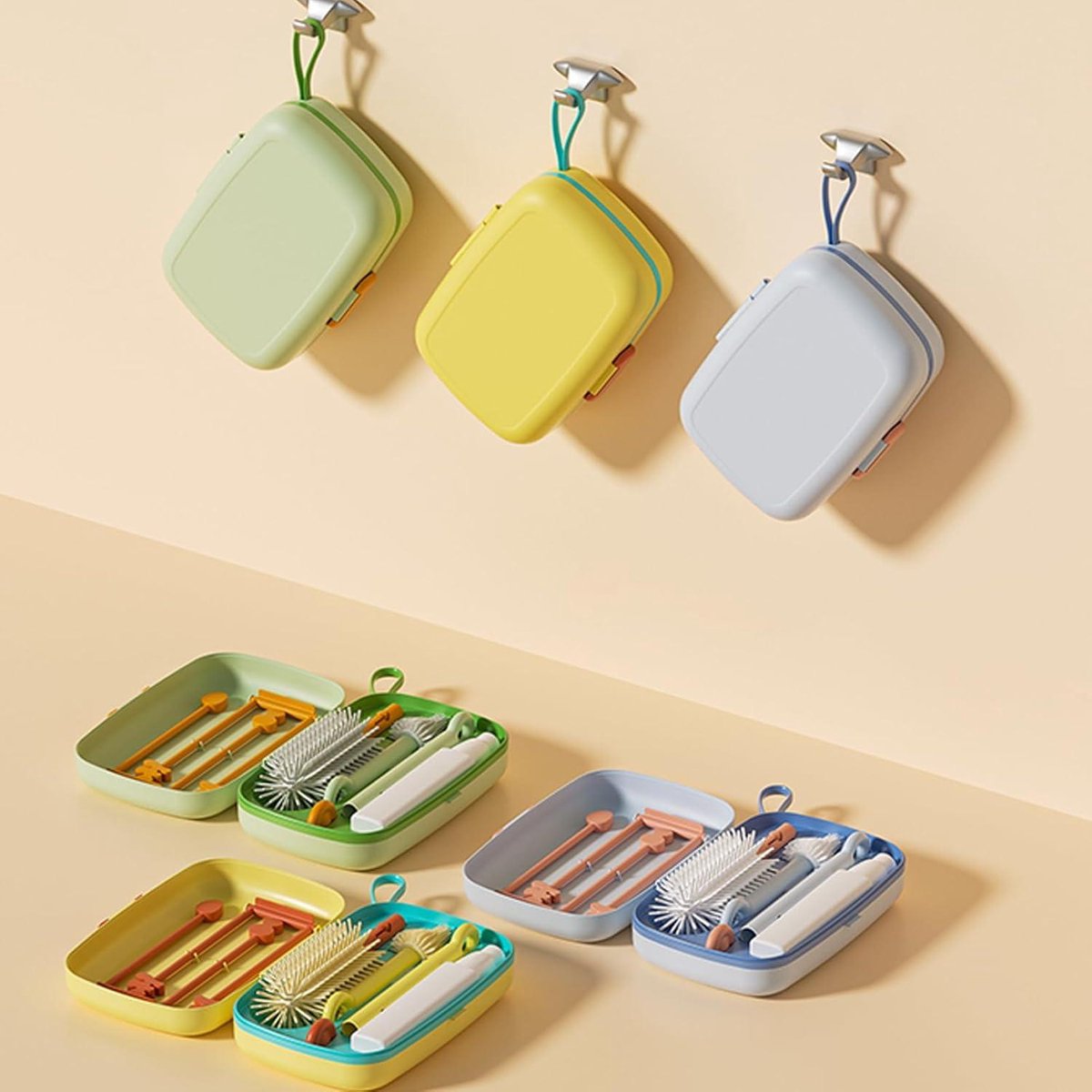 Flessenborstel Baby Reisset Borstels voor Reiniging 6-in-1 - Draagbare Siliconen Flessenborstel Tepelreiniger - Rietjesborstel Zeepdispenser en Fles Droogrek - Beige Flessenborstel Baby