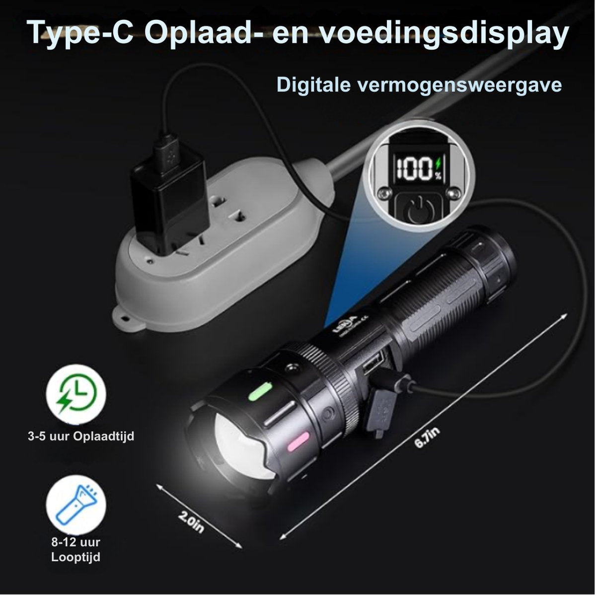 Military Flashlight - USB Rechargeable - Handheld - 5 Modes - Waterproof - 100,000 Lumens - Black