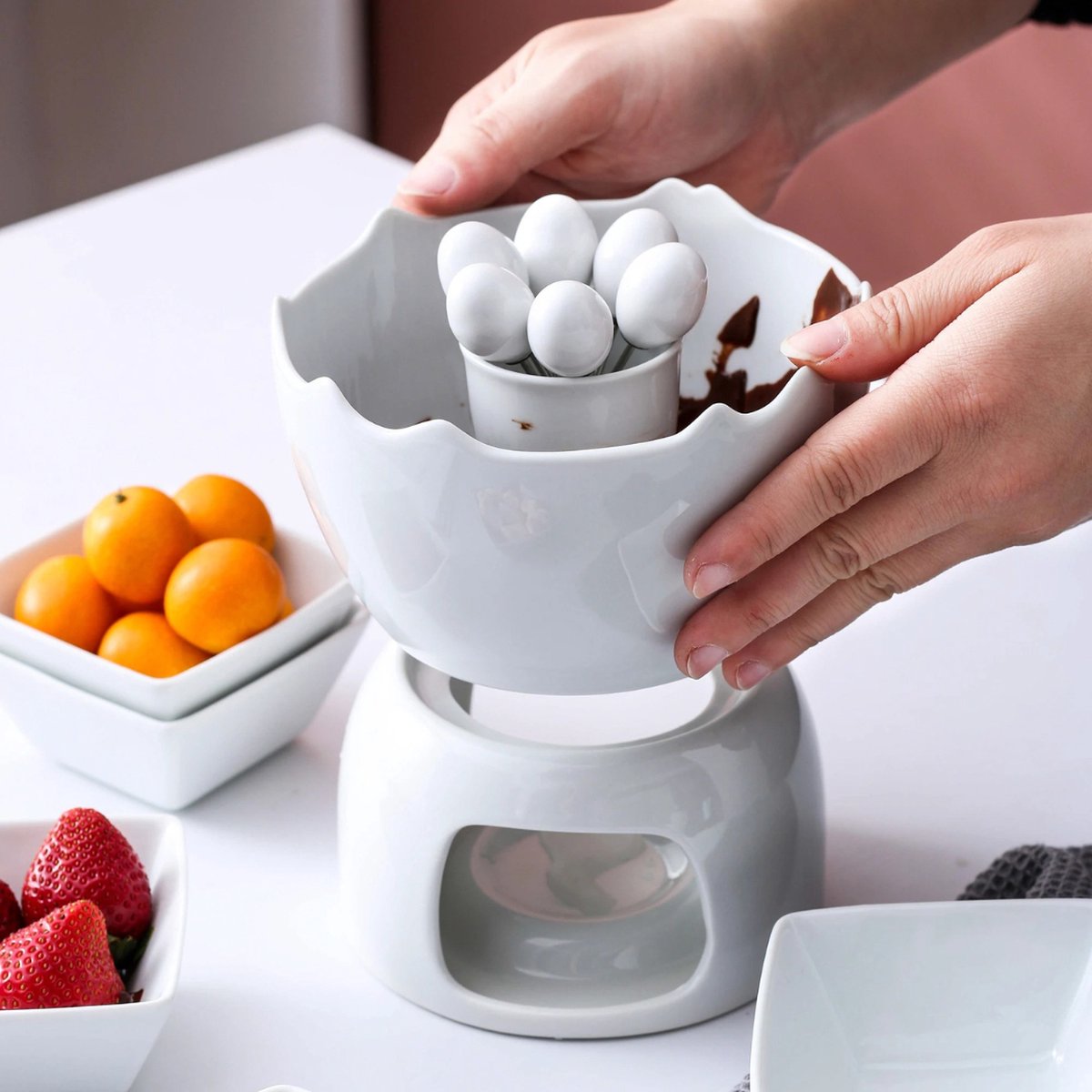 Kaasfondue Set – Chocoladefondue - Chocolade Fondue - Pan - Keramisch - 500Ml - Wit