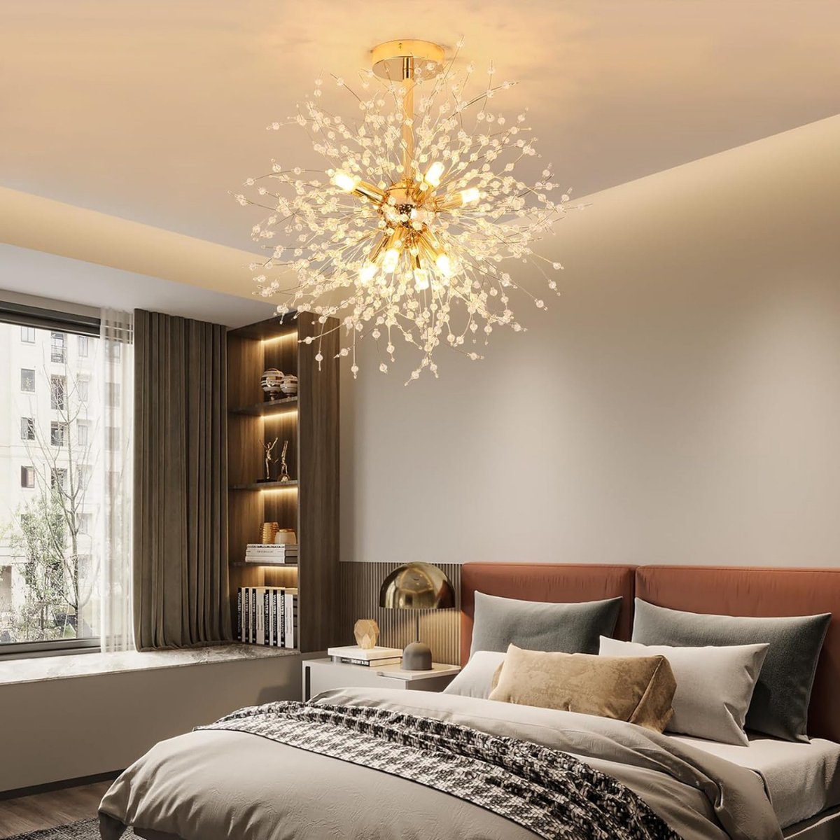 Kristallen Kroonluchter - Goud Kristal Moderne Kroonluchter 8*G9 Led Plafondlamp Vuurwerk Vorm, Verchroomde Hanglamp voor Slaapkamer, Woonkamer, Gang (exclusief lampen)