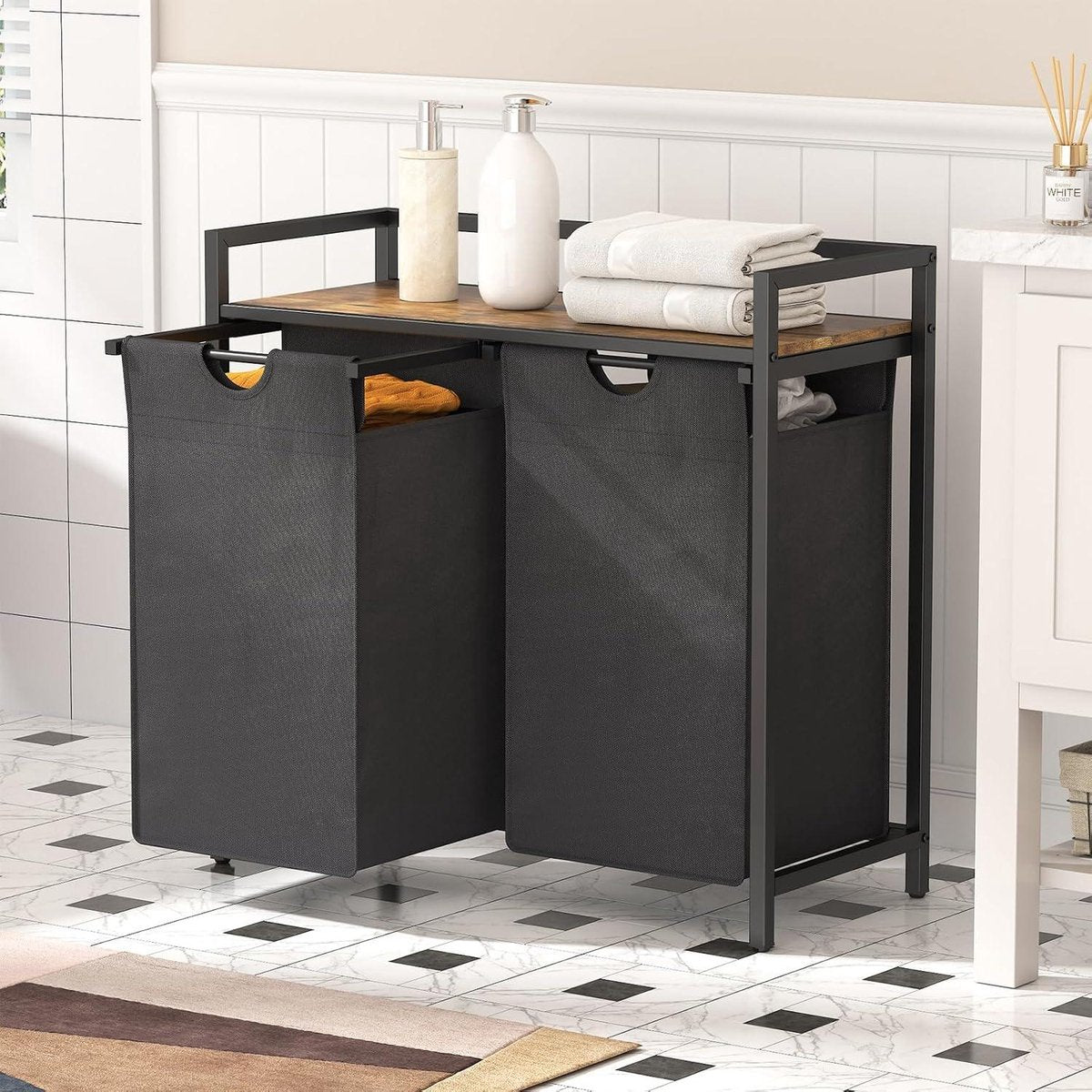Laundry Basket 2 Sections 95 L - Shelf - Double Pull-Out Removable Bags - Laundry Sorter - Laundry Room Bedroom - Black Laundry Basket 3 Compartments