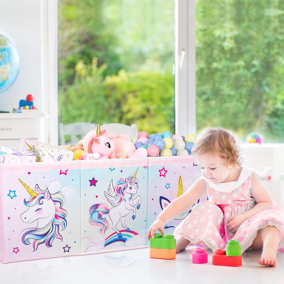 EN Unicorn toy box, large storage box with lid, for children, girls, toy box, foldable, robust, pink, 96 x 32 x 40 cm, wardrobe, children's room, nursery, bedroom